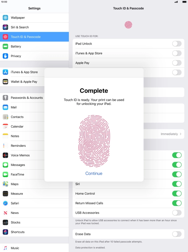 Press Continue. If you haven't previously selected a lock code, key in a code of your own choice twice.