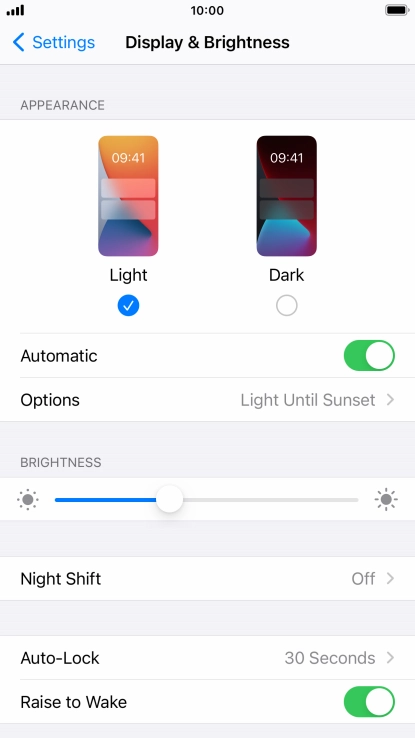 If you turn on the function, press Options and follow the instructions on the screen to select the required period of time for Dark Mode.