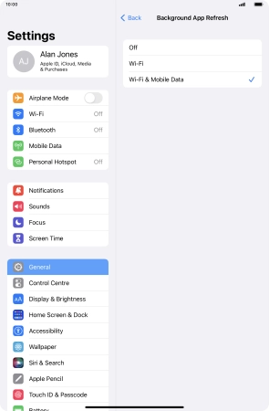 To turn off background refresh of apps, press Off.