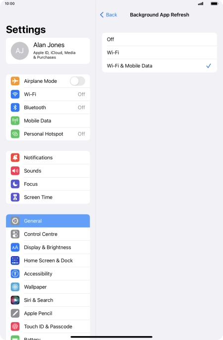 To turn off background refresh of apps, press Off.
