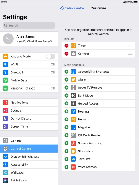 Press the delete icon next to the required function to remove it from Control Centre.