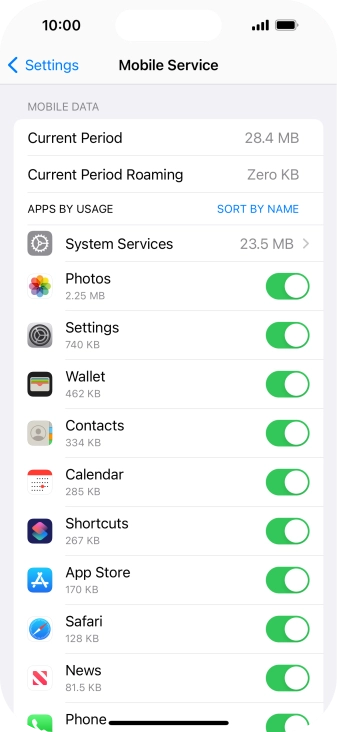 The data usage for each application is displayed below the name of the application.