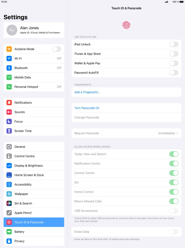 Press Turn Passcode On and key in a lock code of your own choice twice.