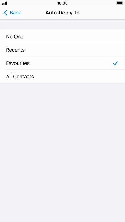 Press the required setting to select which contacts should automatically be notified that Do Not Disturb While Driving is turned on.
