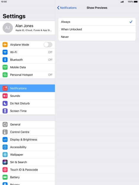 To select notification preview on the lock screen, press Always (Default).