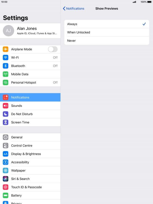 To select notification preview on the lock screen, press Always (Default).