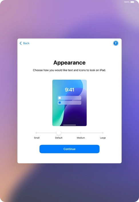 Select the required text and icon size on your tablet and press Continue.