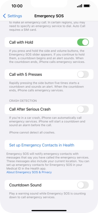 Press Set up Emergency Contacts in Health and follow the instructions on the screen to key in your emergency info and emergency contacts.