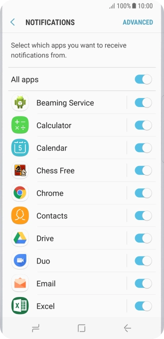 Press the indicator next to the required app to turn the function on or off.