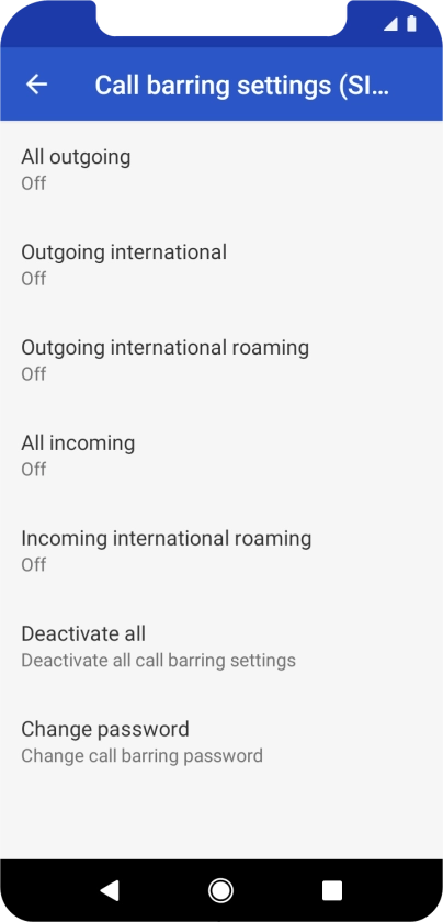 Press the required barring type to turn the function on or off.