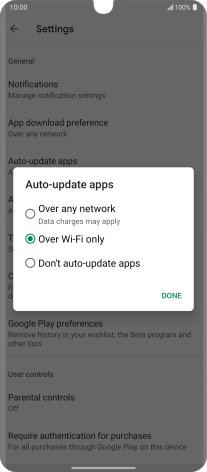 To turn on automatic update of apps using mobile network, press Over any network.