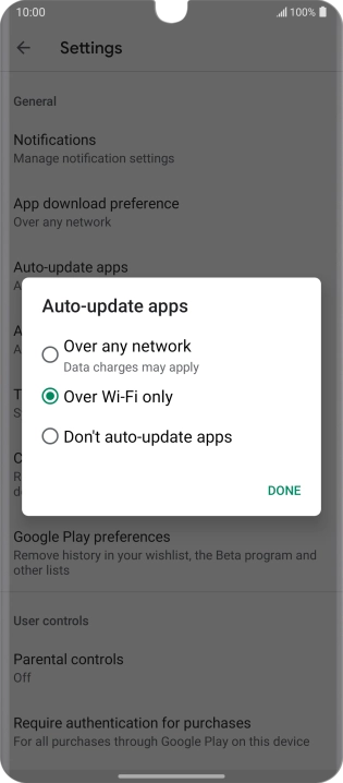 To turn on automatic update of apps using mobile network, press Over any network.