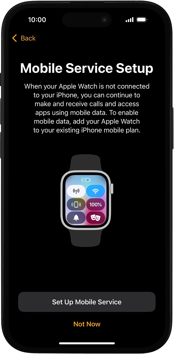 On your phone: Follow the instructions on the screen to set up mobile data on your Apple Watch or press Not Now. Go to the Vodafone support page for more information.