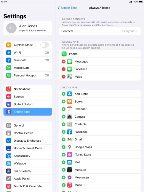 Press the add icon next to the required app to add it to the list of allowed apps during Downtime.
