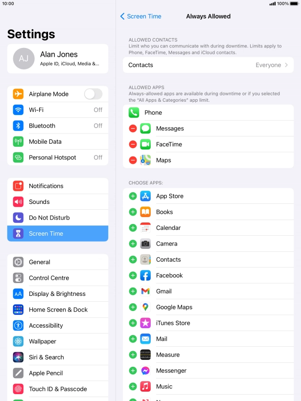 Press the add icon next to the required app to add it to the list of allowed apps during Downtime.