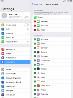 Press the add icon next to the required app to add it to the list of allowed apps during Downtime.