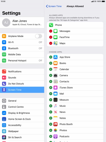 Press the add icon next to the required app to add it to the list of allowed apps during Downtime.