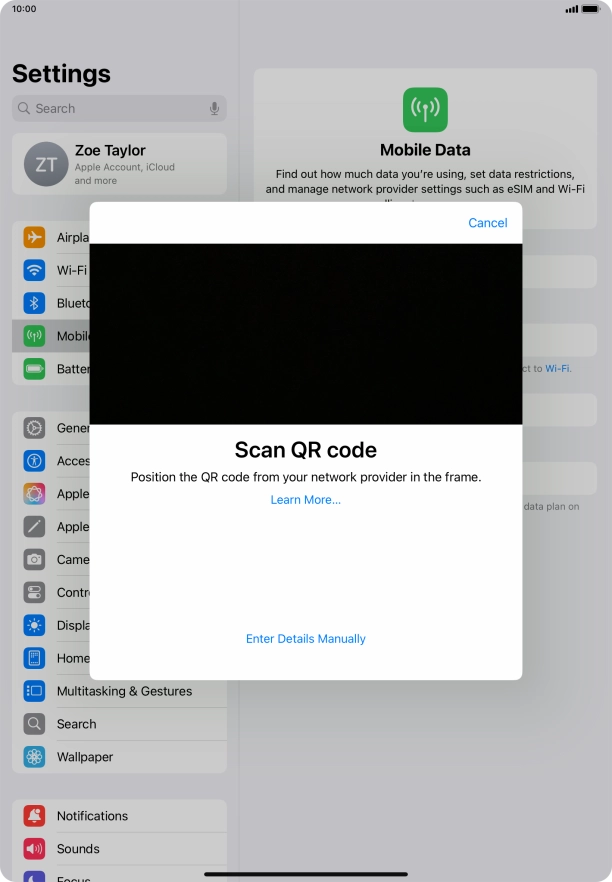 Place the QR code you've received inside the tablet camera frame to scan the code.