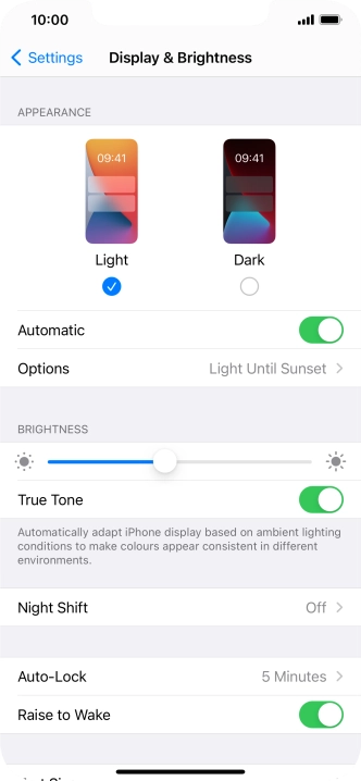 If you turn on the function, press Options and follow the instructions on the screen to select the required period of time for Dark Mode.