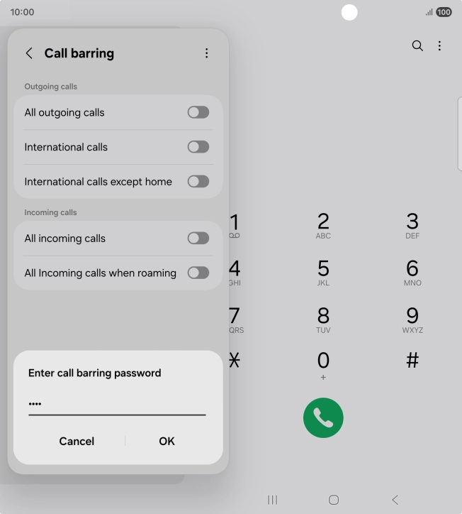 Key in your barring password and press OK. The default barring password is 0000.
