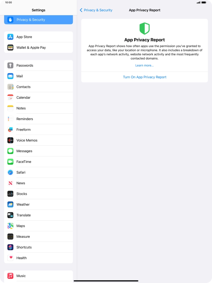 Press Turn On App Privacy Report to turn on the function.
