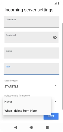 Press Never to keep email messages on the server when you delete them on your phone.