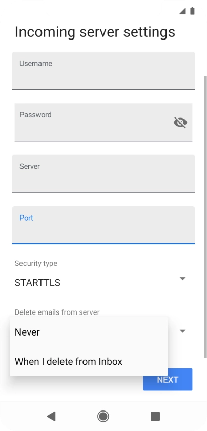 Press Never to keep email messages on the server when you delete them on your phone.