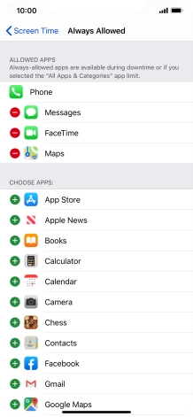 Press the add icon next to the required app to add it to the list of allowed apps during Downtime.
