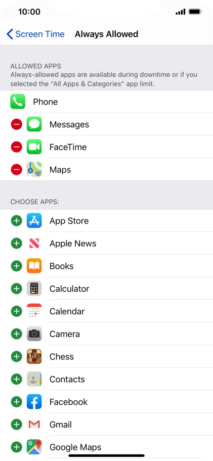 Press the add icon next to the required app to add it to the list of allowed apps during Downtime.