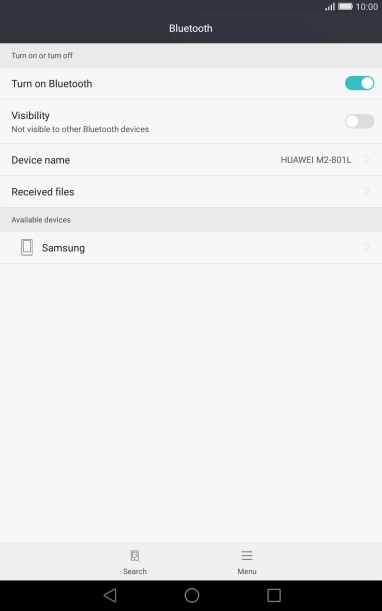 Press the required Bluetooth device and follow the instructions on the screen to pair the device with your tablet.