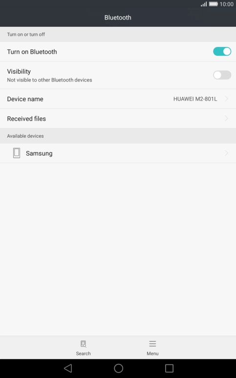 Press the required Bluetooth device and follow the instructions on the screen to pair the device with your tablet.