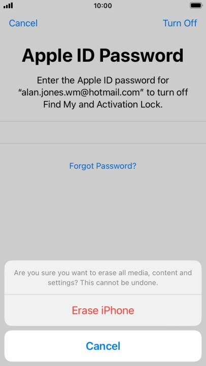 Key in the password for your Apple ID and press Erase iPhone. Wait a moment while the factory default settings are restored. Follow the instructions on the screen to set up your phone and prepare it for use.