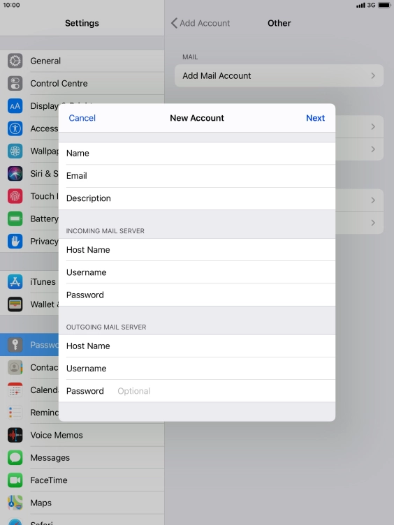 Press Password and key in the password for your email account. Please note that if you're using Vodafone's outgoing server, leave the password field empty.