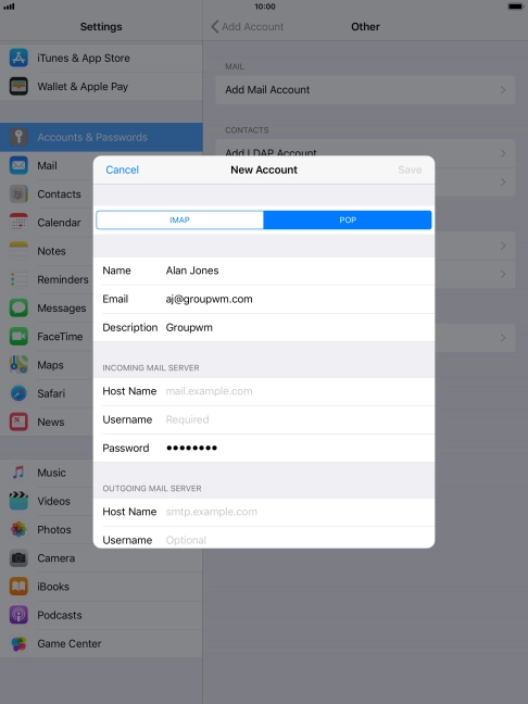 Press Host Name and key in the name of your email provider's incoming server.