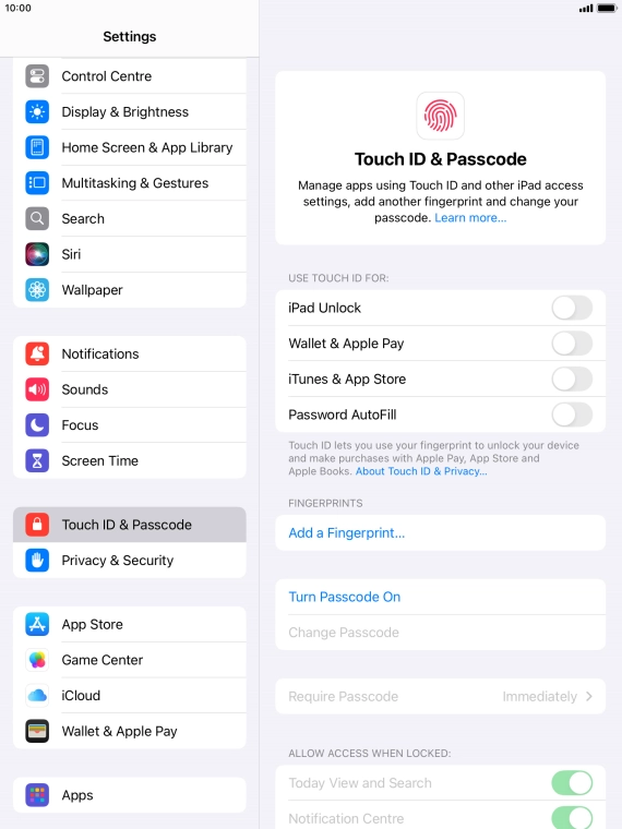 Press Turn Passcode On and key in a lock code of your own choice twice.