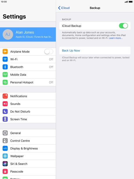 Press Back Up Now and wait while the tablet memory is backed up.