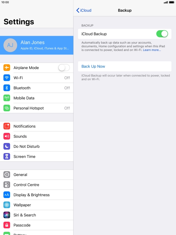 Press Back Up Now and wait while the tablet memory is backed up.