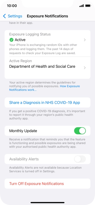 Press Turn Off Exposure Notifications.