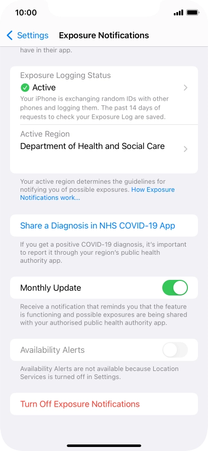 Press Turn Off Exposure Notifications.