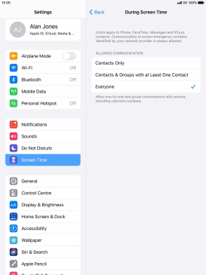 Press the required setting.