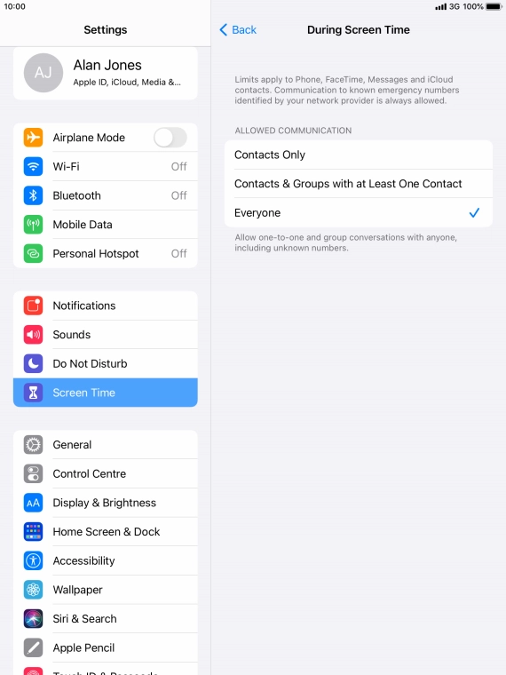 Press the required setting.