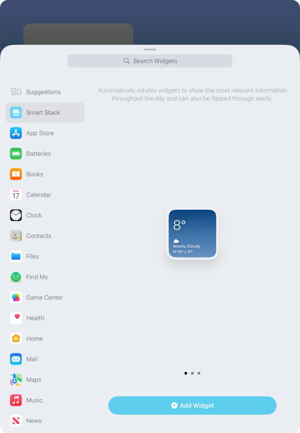 Slide your finger right or left on the screen to select the required widget size.