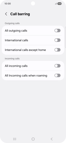 Press the indicator next to the required barring type to turn the function on or off.