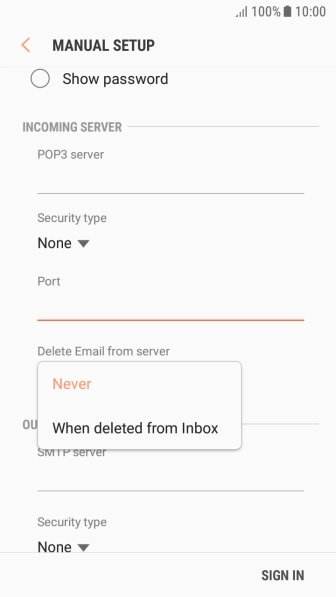 Press Never to keep email messages on the server when you delete them on your phone.