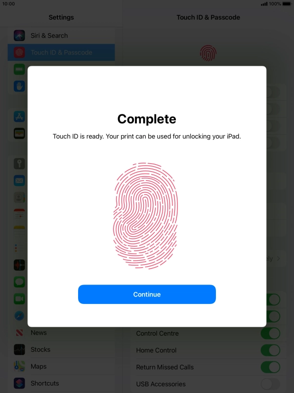 Press Continue. If you haven't previously selected a lock code, key in a code of your own choice twice.