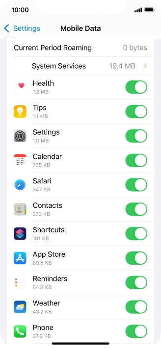 The data usage for each application is displayed below the name of the application.