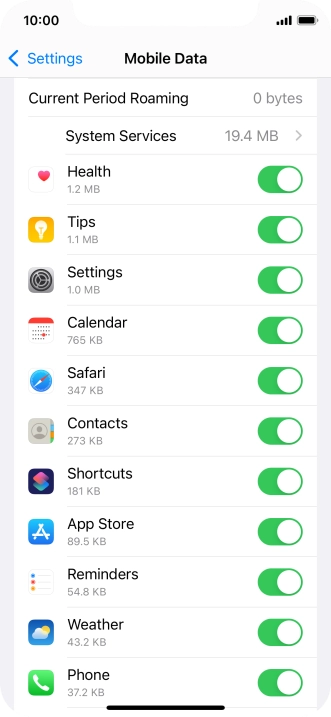 The data usage for each application is displayed below the name of the application.