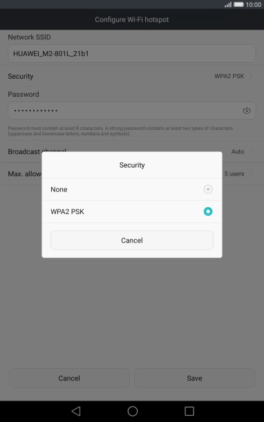 Press WPA2 PSK to password protect your Wi-Fi hotspot.