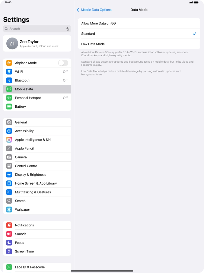 Press the required setting to turn the function on or off.