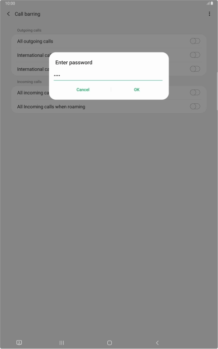 Key in your barring password and press OK. The default barring password is 0000.